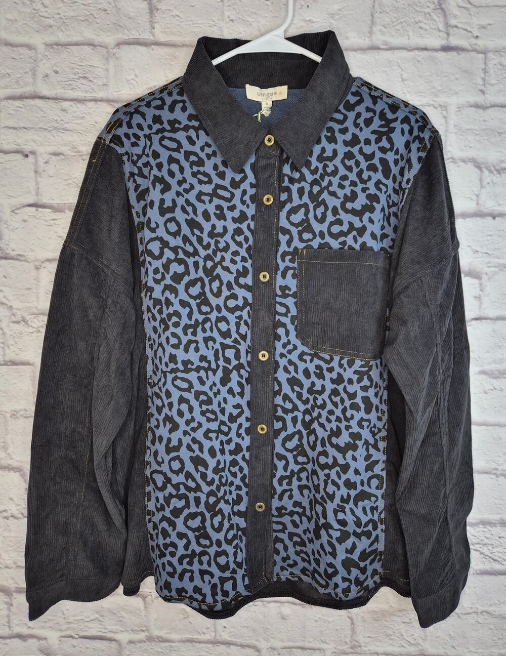 NWT Umgee XL Corduroy Shacket Blue Leopard Print Button Down Shirt Jacket Top